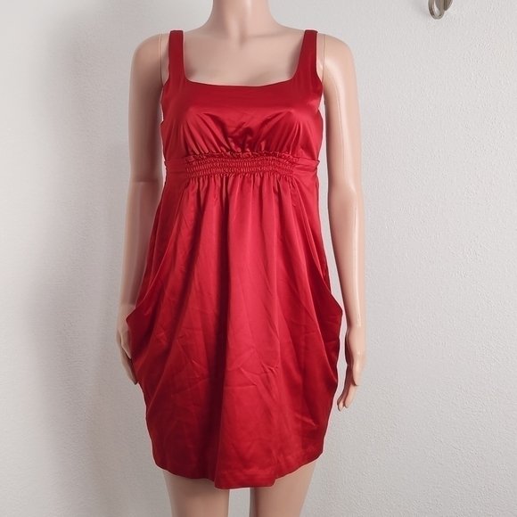 BCBG Red Mini Satin Pockets Empire Waist Thick Strap Dress Sz S - Picture 1 of 12